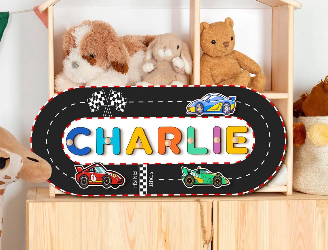 Race Car Themed Name Puzzle, Personalized Name Puzzle For Toddlers, Name Puzzle With Cars