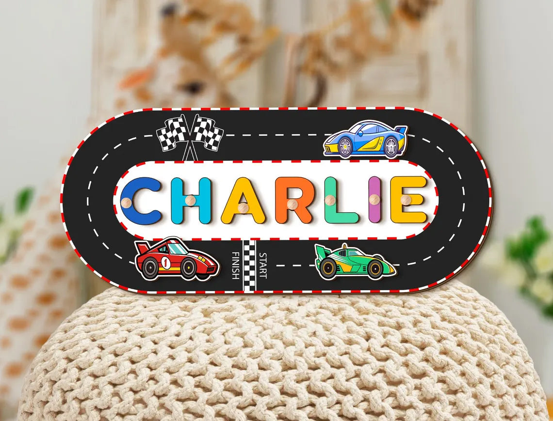 Race Car Themed Name Puzzle, Personalized Name Puzzle For Toddlers, Name Puzzle With Cars