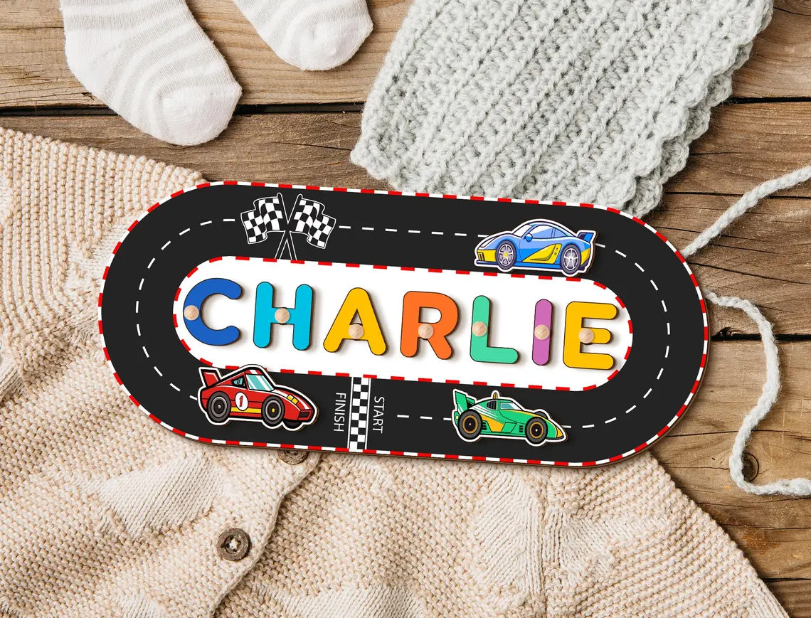 Race Car Themed Name Puzzle, Personalized Name Puzzle For Toddlers, Name Puzzle With Cars