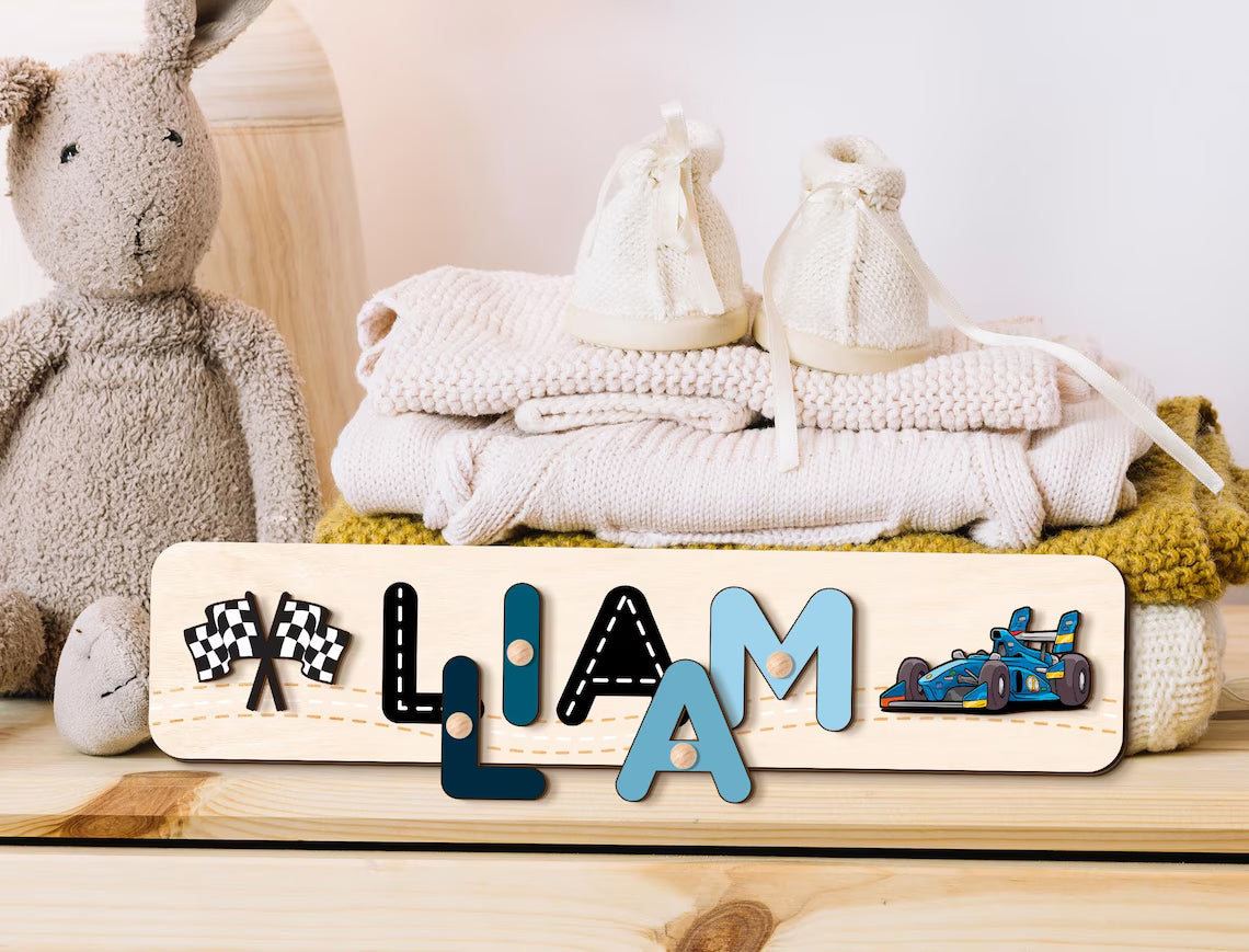 Racetrack - Cars Name Puzzle Personalized, 1st Birthday Boys Gift, Wood Toddler Toys, Wood Montessori Toys