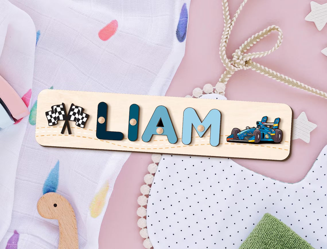 Racetrack - Cars Name Puzzle Personalized, 1st Birthday Boys Gift, Wood Toddler Toys, Wood Montessori Toys