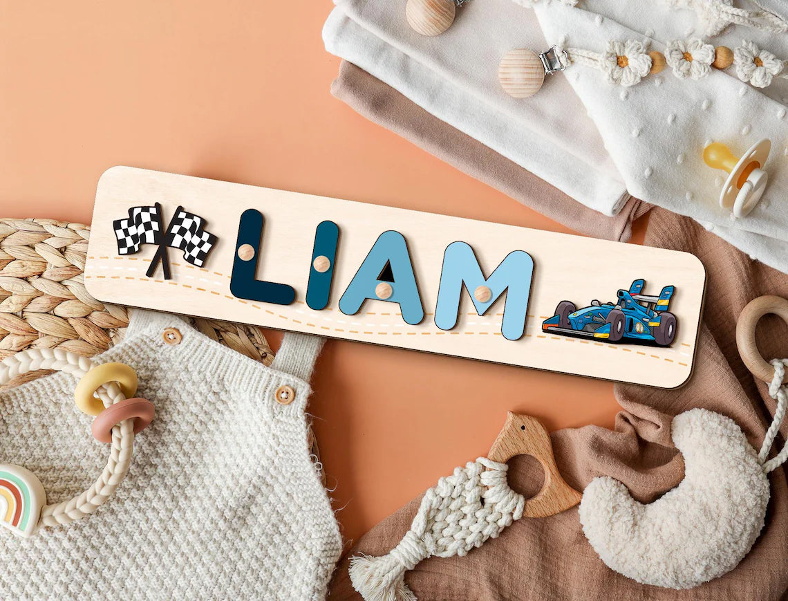 Racetrack - Cars Name Puzzle Personalized, 1st Birthday Boys Gift, Wood Toddler Toys, Wood Montessori Toys