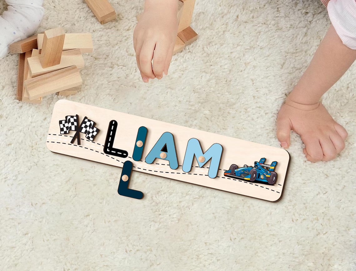 Racetrack - Cars Name Puzzle Personalized, 1st Birthday Boys Gift, Wood Toddler Toys, Wood Montessori Toys