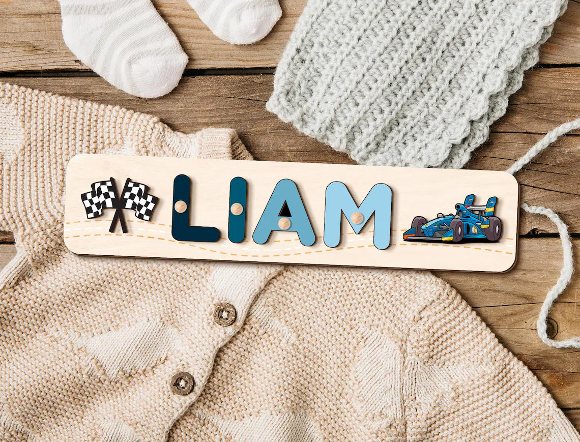Racetrack - Cars Name Puzzle Personalized, 1st Birthday Boys Gift, Wood Toddler Toys, Wood Montessori Toys