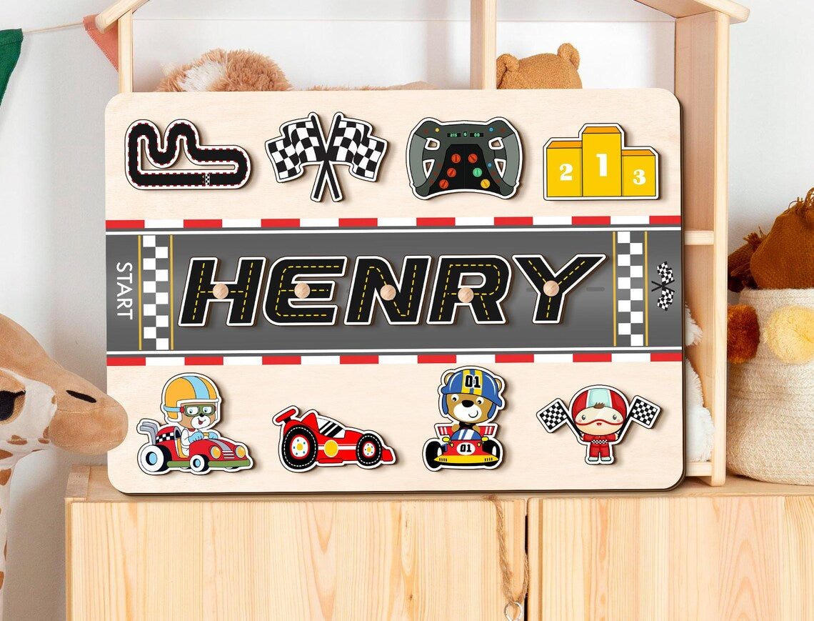 Racetrack Themed Custom Baby Name Puzzle, Racing Car Road Track Formula Birthday Gift, Wood Toddlers Toys