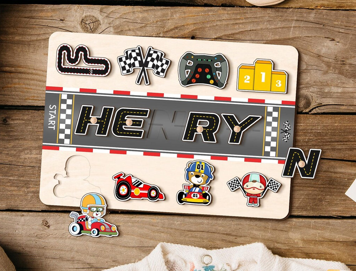 Racetrack Themed Custom Baby Name Puzzle, Racing Car Road Track Formula Birthday Gift, Wood Toddlers Toys