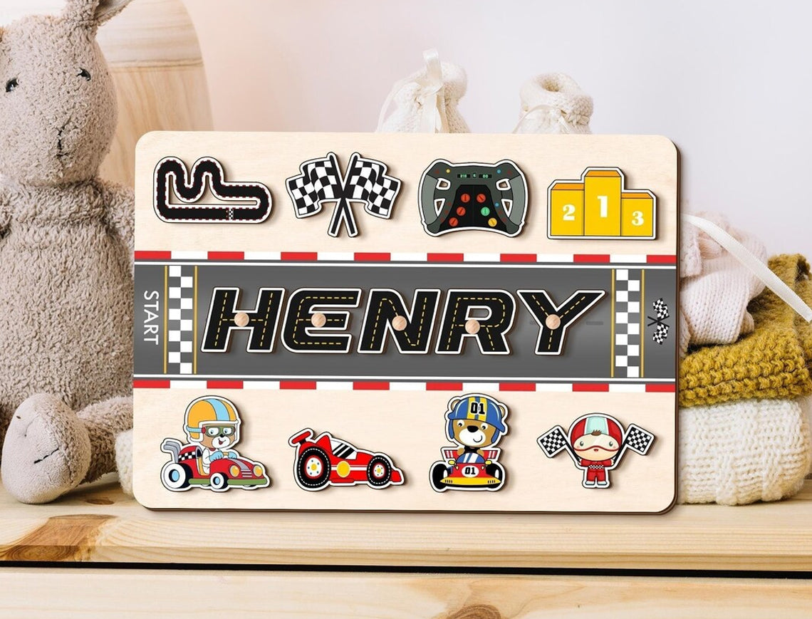 Racetrack Themed Custom Baby Name Puzzle, Racing Car Road Track Formula Birthday Gift, Wood Toddlers Toys