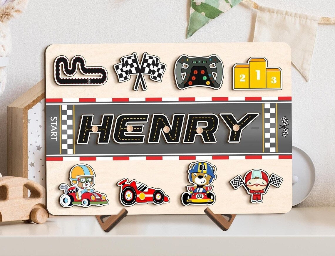 Racetrack Themed Custom Baby Name Puzzle, Racing Car Road Track Formula Birthday Gift, Wood Toddlers Toys