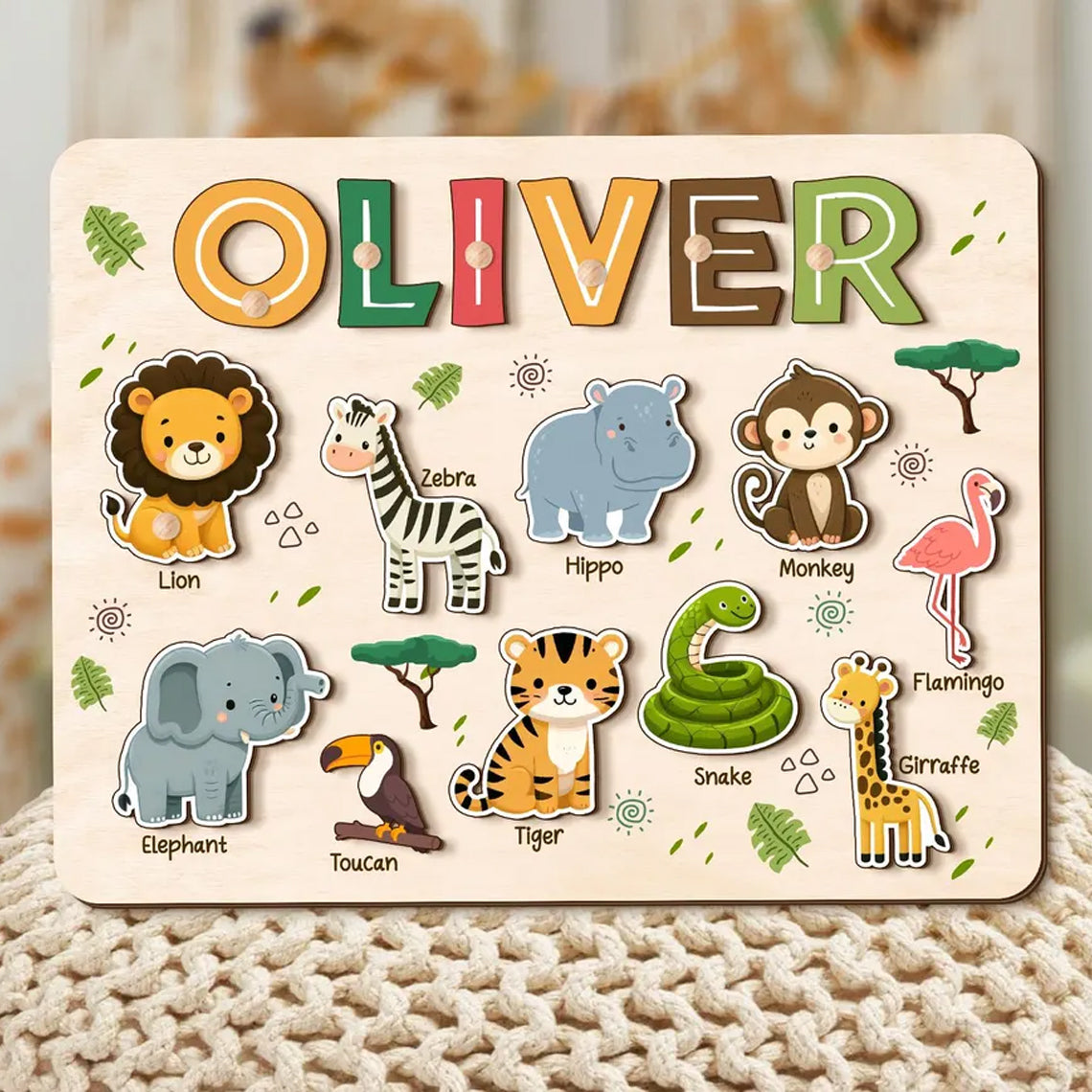 Safari Animal Name Puzzle for Kids, Personalized First Birthday Gift, Custom Toddler Wooden Puzzles, Unique New Baby Gift