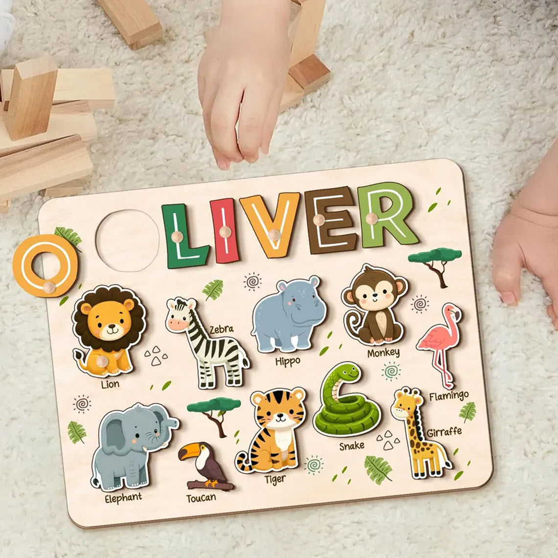 Safari Animal Name Puzzle for Kids, Personalized First Birthday Gift, Custom Toddler Wooden Puzzles, Unique New Baby Gift