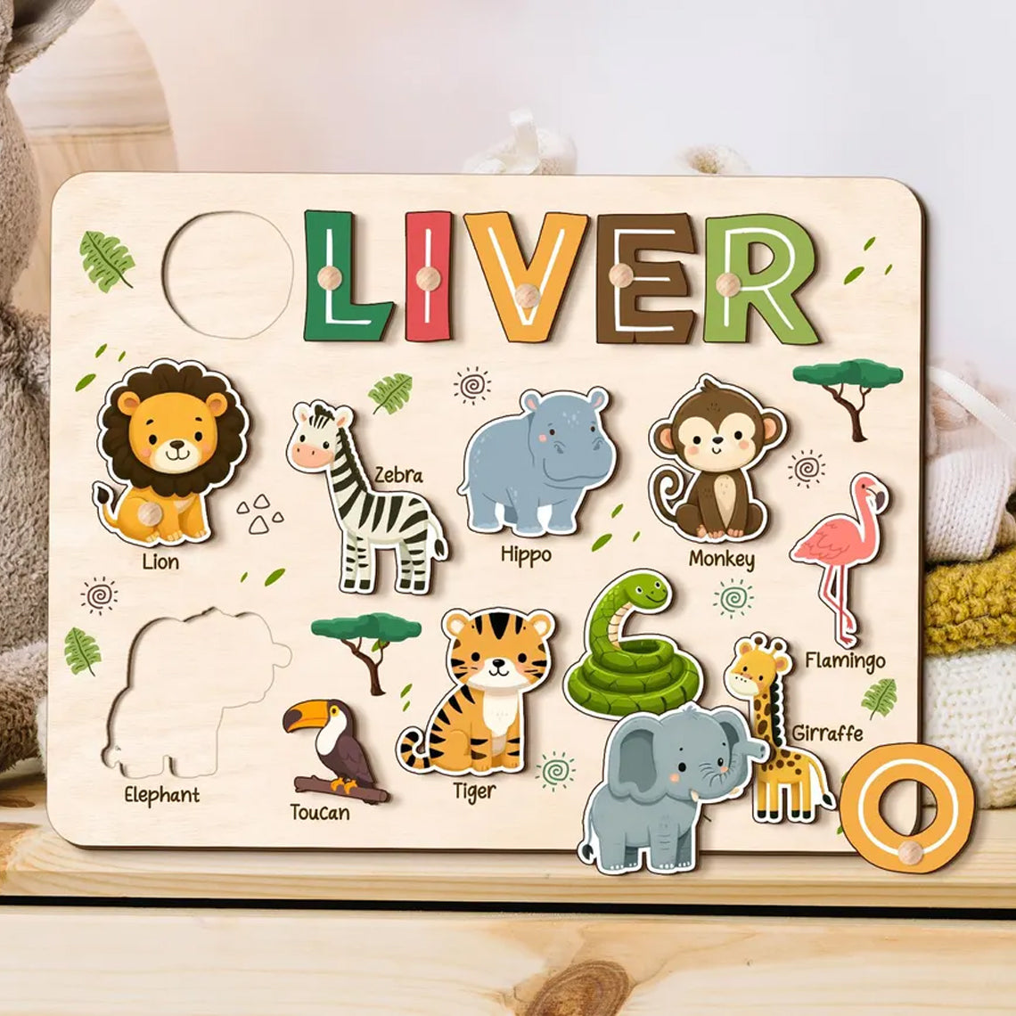Safari Animal Name Puzzle for Kids, Personalized First Birthday Gift, Custom Toddler Wooden Puzzles, Unique New Baby Gift