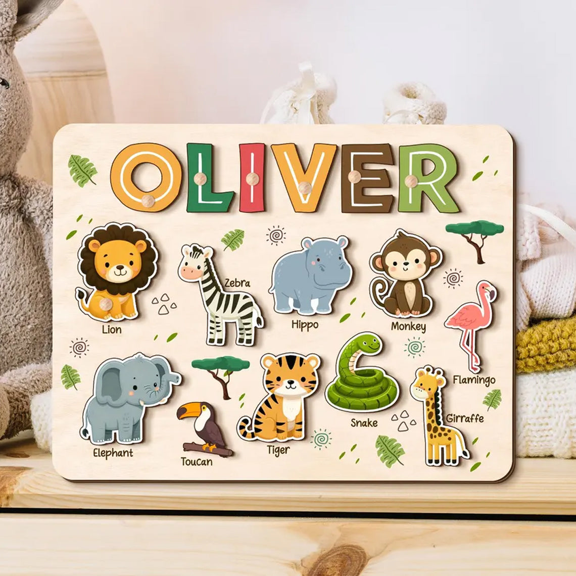 Safari Animal Name Puzzle for Kids, Personalized First Birthday Gift, Custom Toddler Wooden Puzzles, Unique New Baby Gift