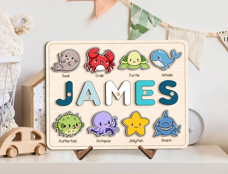 Sea Animals Puzzle for Baby Girl and Boy, Custom Handmade Name Puzzle, Personalized Gifts for Toddlers