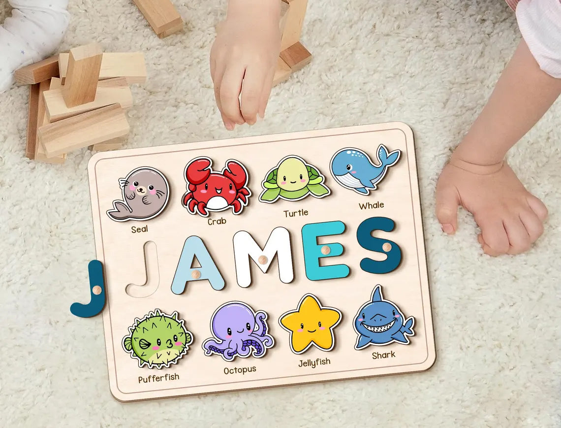 Sea Animals Puzzle for Baby Girl and Boy, Custom Handmade Name Puzzle, Personalized Gifts for Toddlers