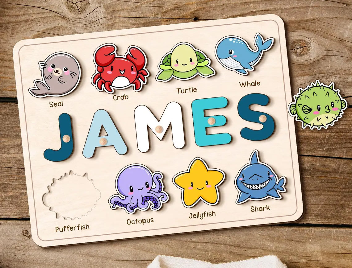 Sea Animals Puzzle for Baby Girl and Boy, Custom Handmade Name Puzzle, Personalized Gifts for Toddlers
