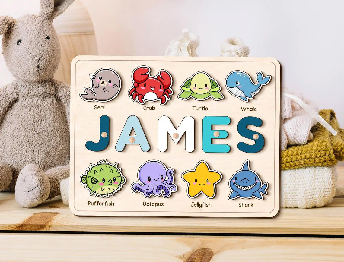 Sea Animals Puzzle for Baby Girl and Boy, Custom Handmade Name Puzzle, Personalized Gifts for Toddlers