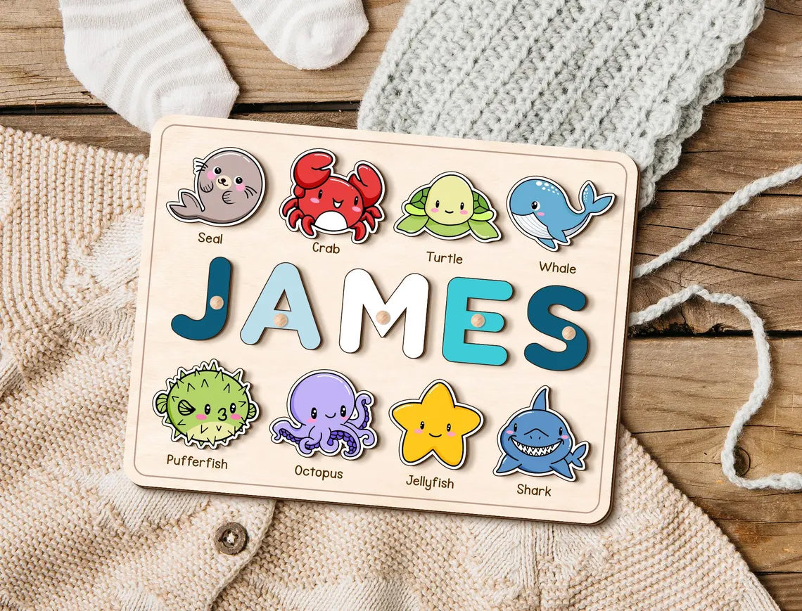 Sea Animals Puzzle for Baby Girl and Boy, Custom Handmade Name Puzzle, Personalized Gifts for Toddlers