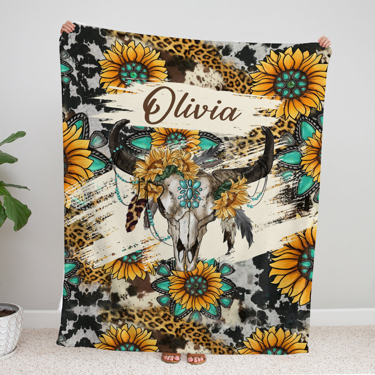 Sunflower Cow Skull Personalized Baby Blankets for Girls Boys, Custom Name Fleece Blankets for Newborn Infant Daughter