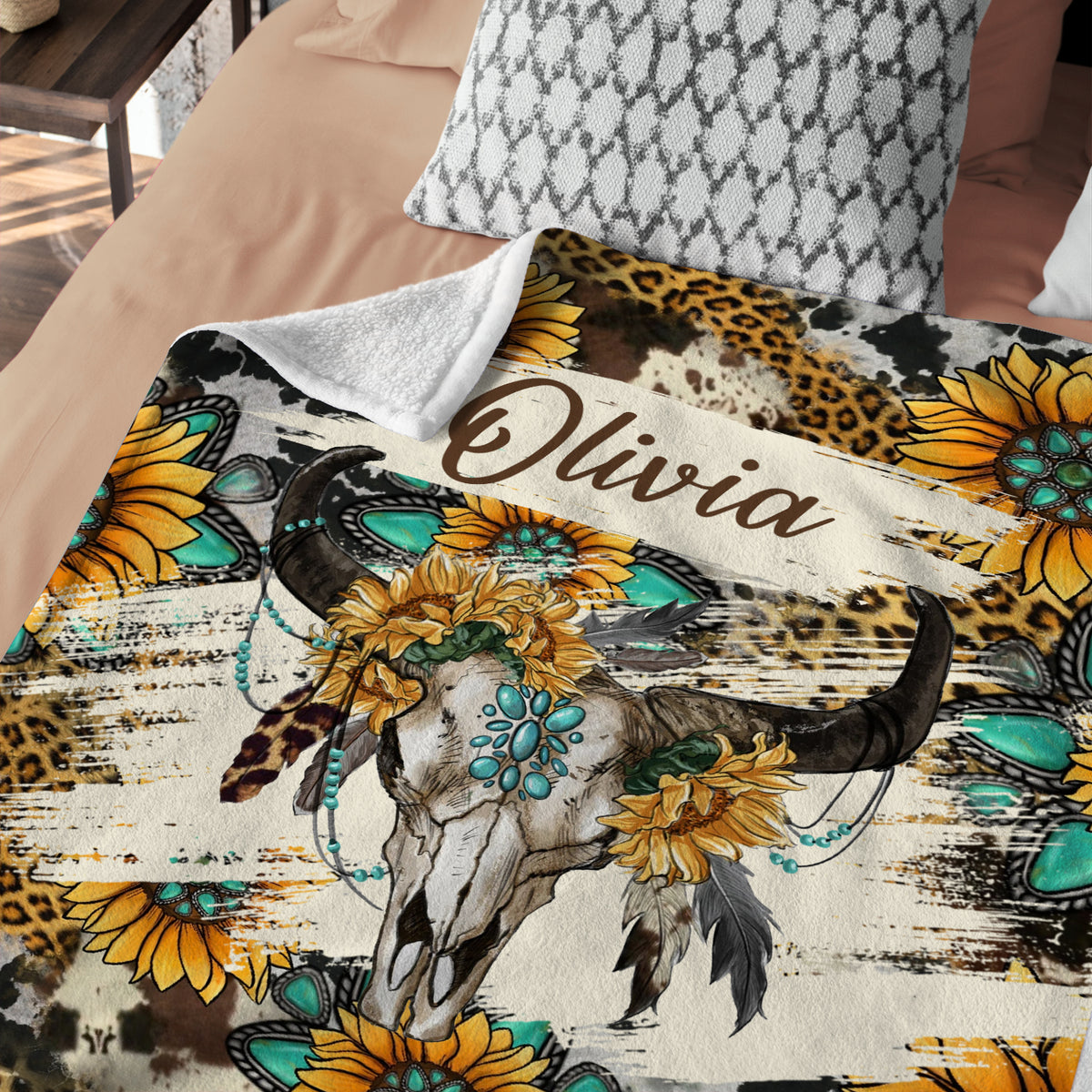 Sunflower Cow Skull Personalized Baby Blankets for Girls Boys, Custom Name Fleece Blankets for Newborn Infant Daughter