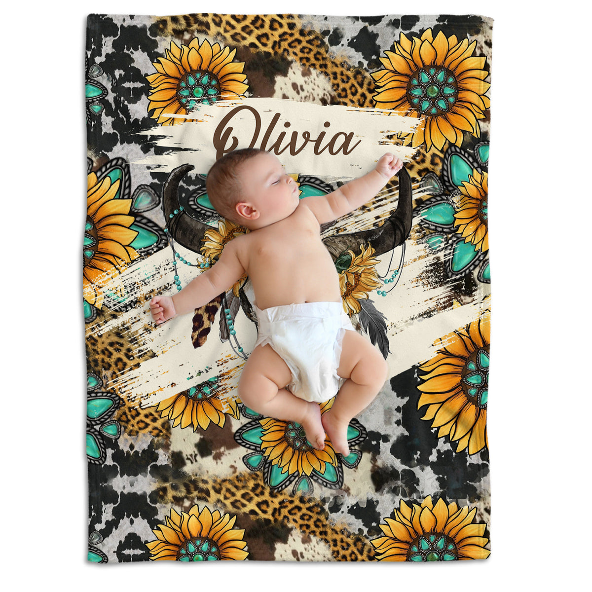 Sunflower Cow Skull Personalized Baby Blankets for Girls Boys, Custom Name Fleece Blankets for Newborn Infant Daughter