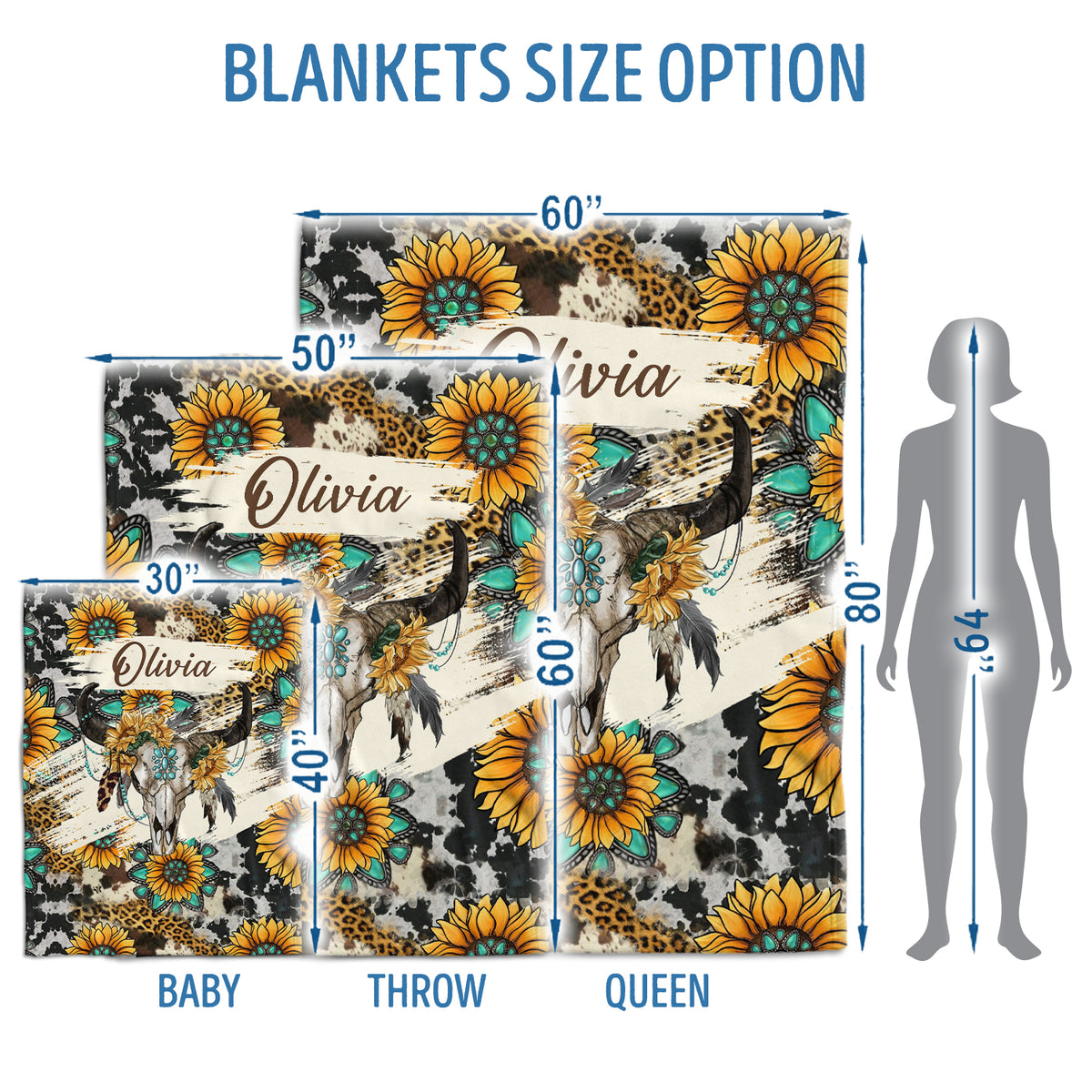 Sunflower Cow Skull Personalized Baby Blankets for Girls Boys, Custom Name Fleece Blankets for Newborn Infant Daughter