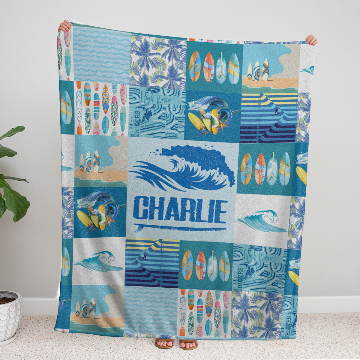 Surfer Baby Blankets - Personalized & Custom Blue Plush Beach Swaddle Blankets for Newborns to Toddlers