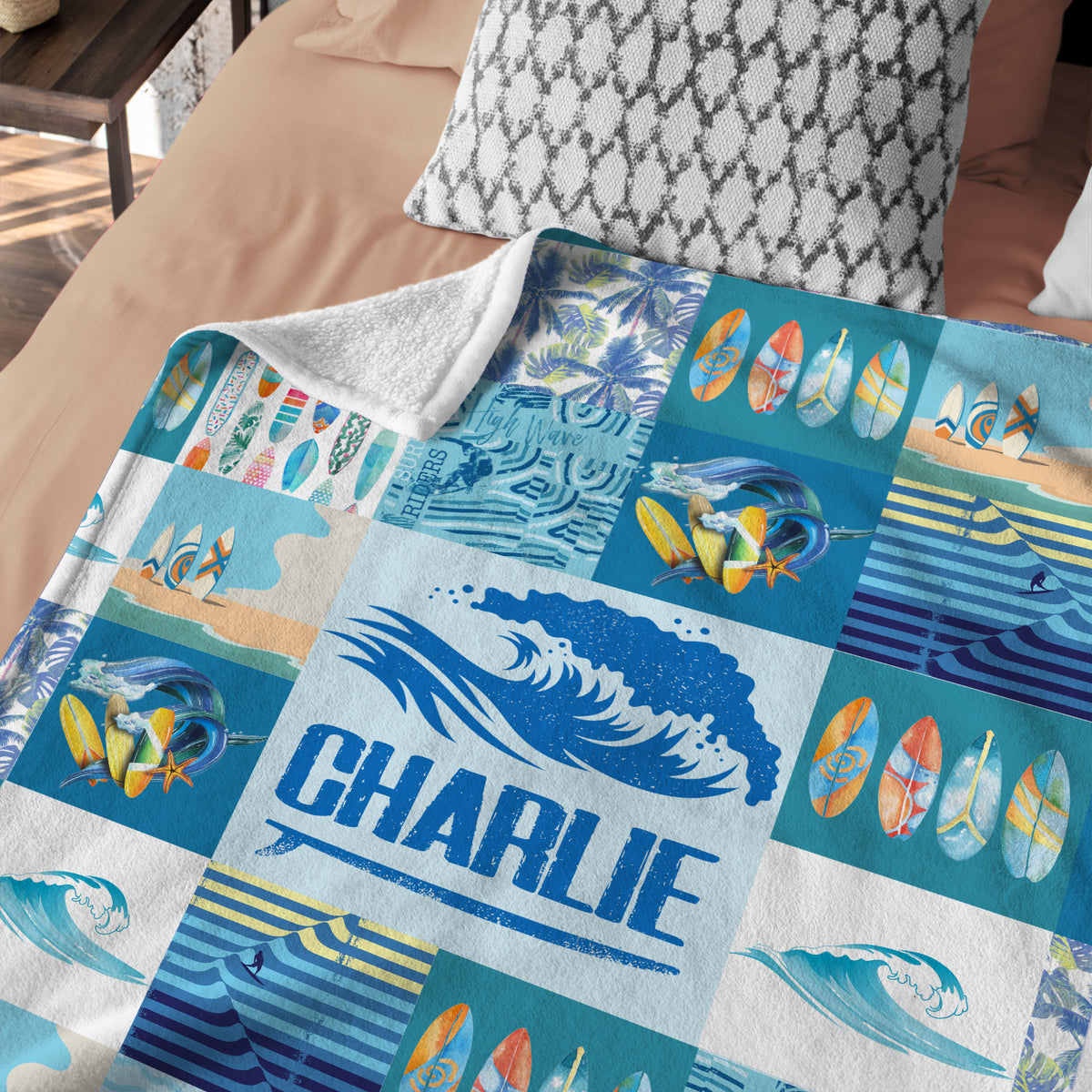 Surfer Baby Blankets - Personalized & Custom Blue Plush Beach Swaddle Blankets for Newborns to Toddlers