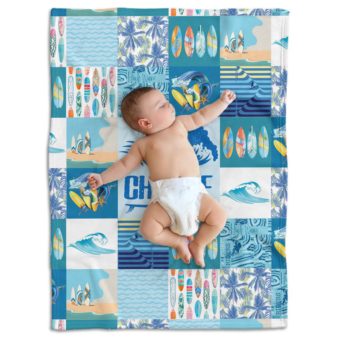 Surfer Baby Blankets - Personalized & Custom Blue Plush Beach Swaddle Blankets for Newborns to Toddlers