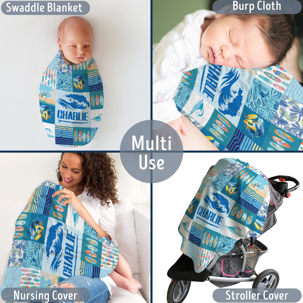 Surfer Baby Blankets - Personalized & Custom Blue Plush Beach Swaddle Blankets for Newborns to Toddlers