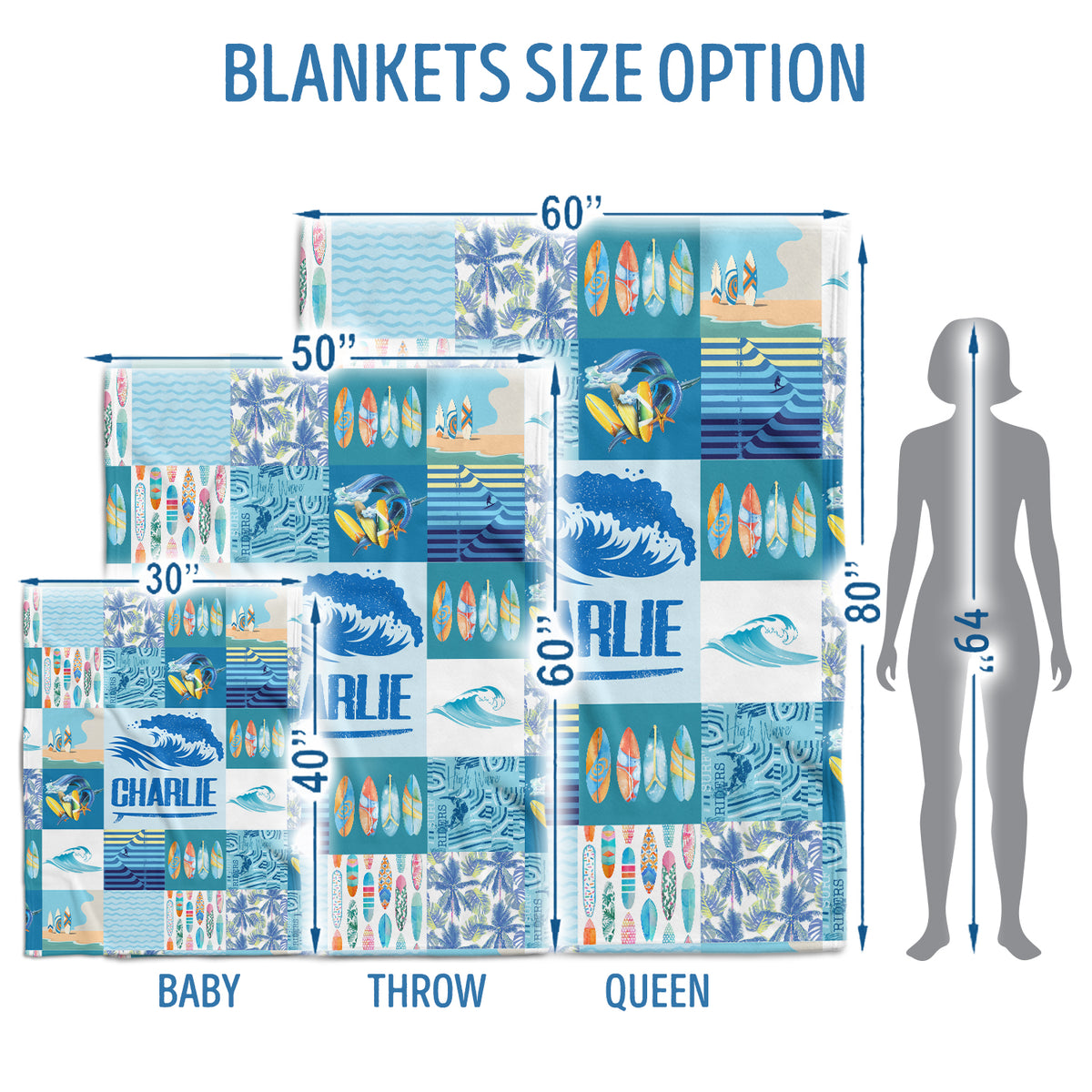 Surfer Baby Blankets - Personalized & Custom Blue Plush Beach Swaddle Blankets for Newborns to Toddlers