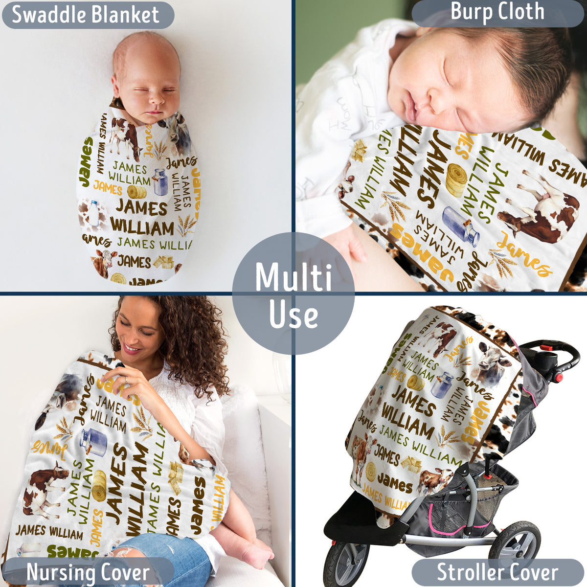 Western Baby Blanket for Boy or Girl - Personalized Cowboy Swaddle with Custom Name - Crib Size