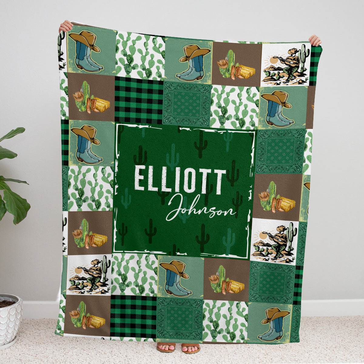 Western Baby Blankets, Green Cactus Pattern, Personalized, 100% Polyester, Soft & Silky, Unisex, Crib & Room Decor