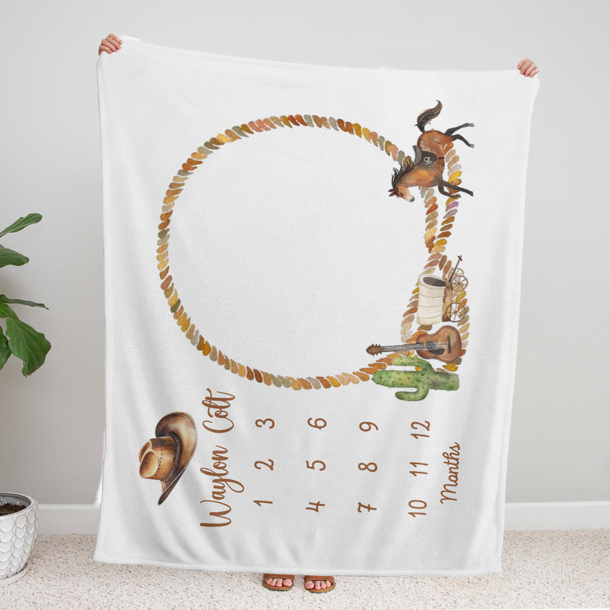 Western Baby Blankets - Personalized Cowboy Blanket with Name, Custom Monthly Milestone Blanket, Baby Photography Backdrop Prop