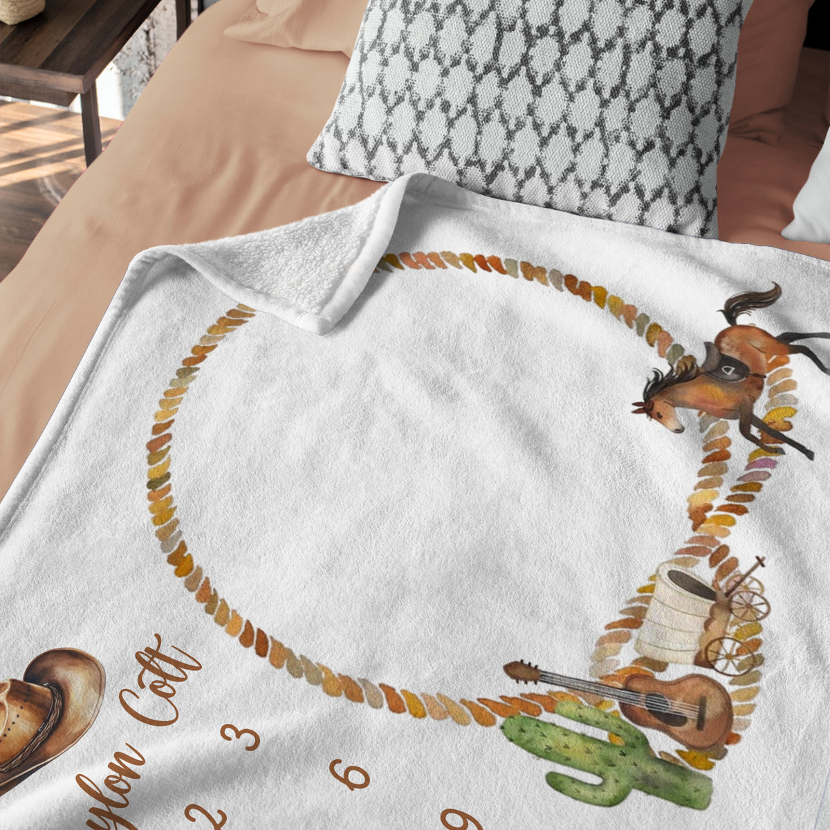 Western Baby Blankets - Personalized Cowboy Blanket with Name, Custom Monthly Milestone Blanket, Baby Photography Backdrop Prop