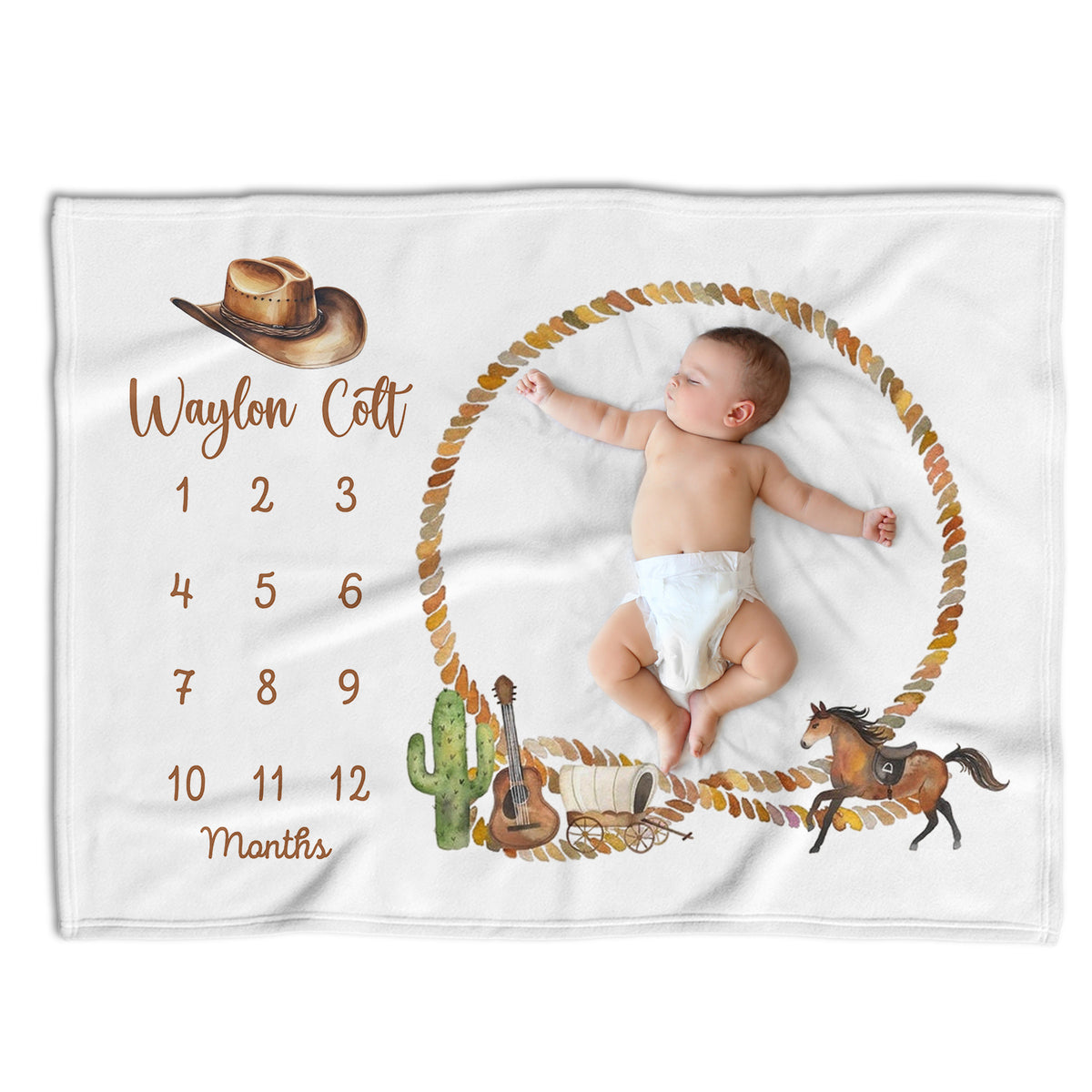 Western Baby Blankets - Personalized Cowboy Blanket with Name, Custom Monthly Milestone Blanket, Baby Photography Backdrop Prop