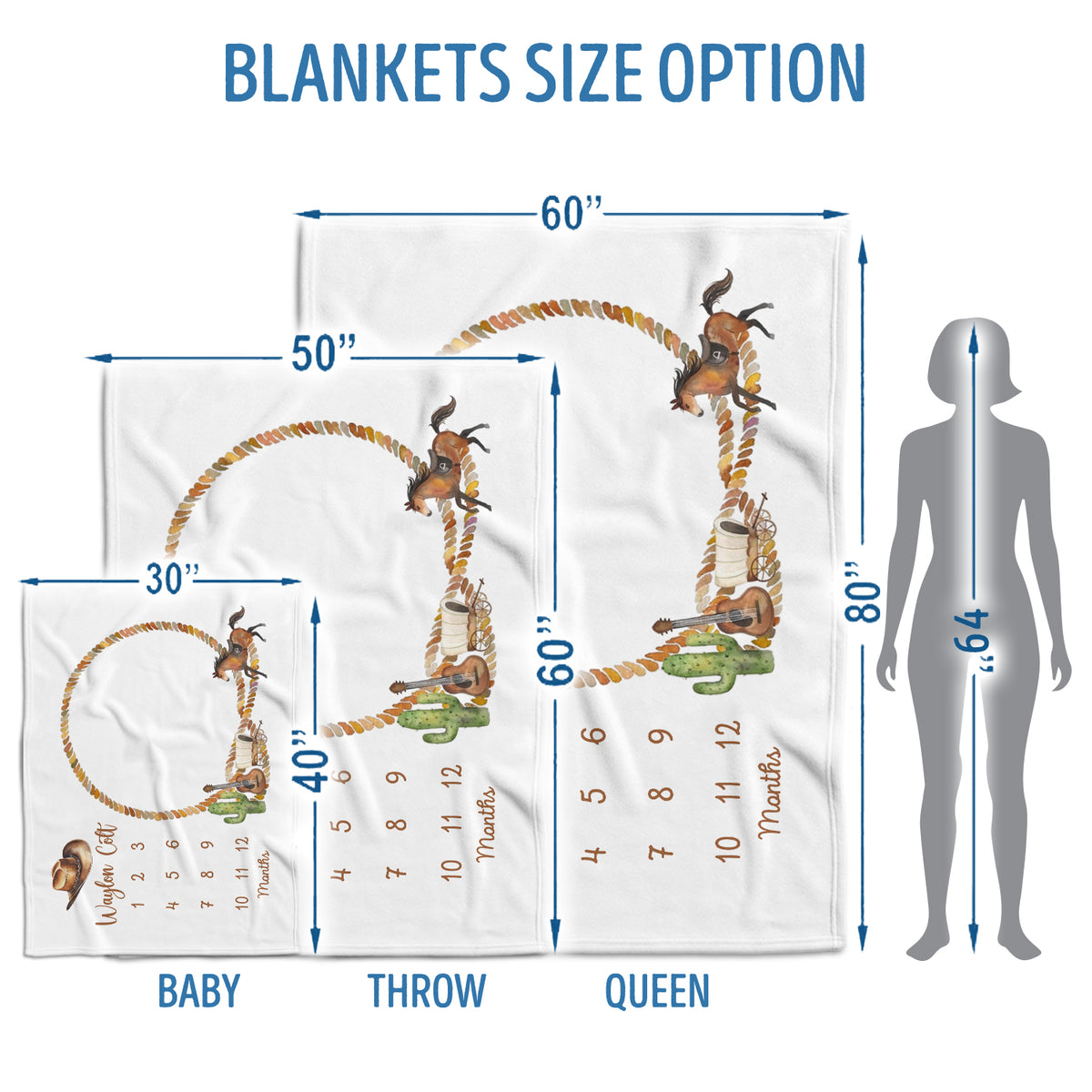 Western Baby Blankets - Personalized Cowboy Blanket with Name, Custom Monthly Milestone Blanket, Baby Photography Backdrop Prop