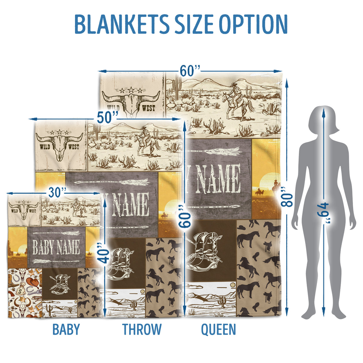 Western Baby Blankets - Personalized, Custom Fleece Blankets for Boys & Girls, 3 Sizes for Infant Newborn Son & Daughter