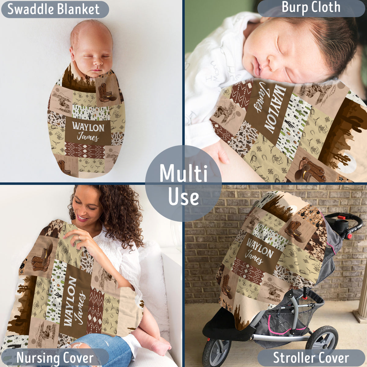 Western Baby Blankets - Personalized Skull Cactus Designs for Boys & Girls, Custom Names, Fleece Material, Infant to Toddler Sizes
