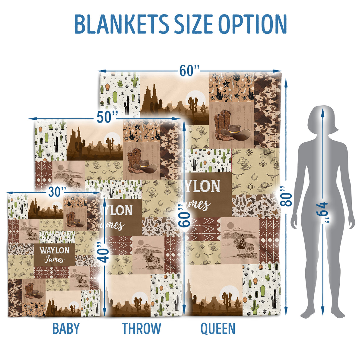 Western Baby Blankets - Personalized Skull Cactus Designs for Boys & Girls, Custom Names, Fleece Material, Infant to Toddler Sizes