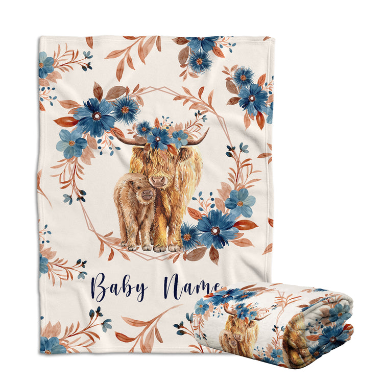 Western Blankets for Baby Girl, Personalized Name Baby Blanket for Girls, Cow with Flowers, Plush Blankets for Newborn Infant Daughter Granddaughter