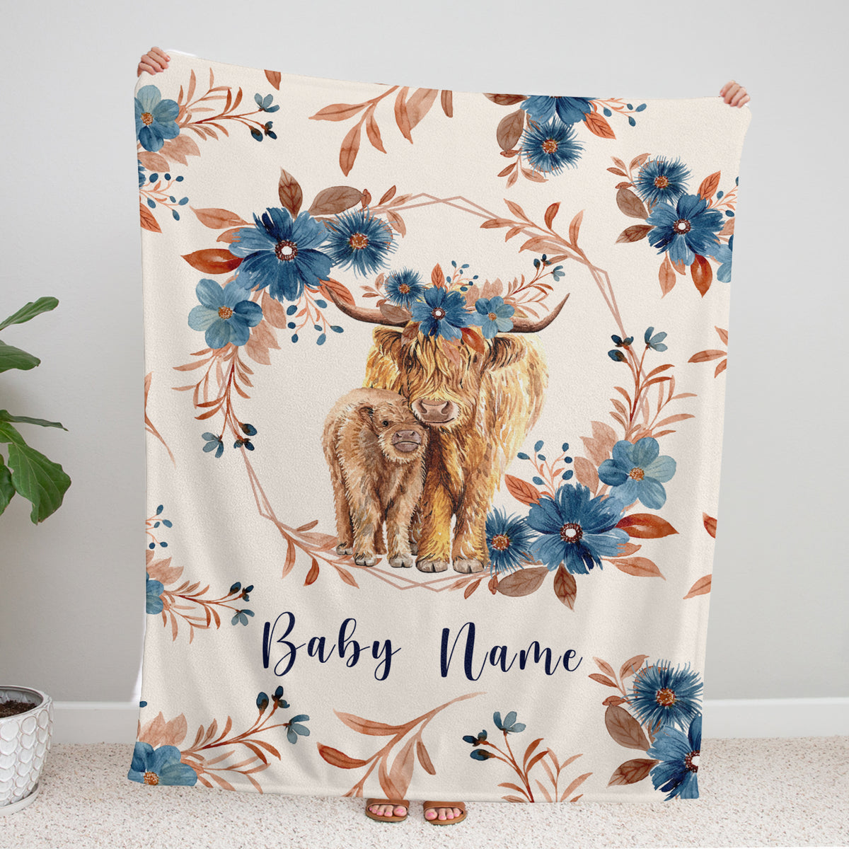 Western Blankets for Baby Girl, Personalized Name Baby Blanket for Girls, Cow with Flowers, Plush Blankets for Newborn Infant Daughter Granddaughter