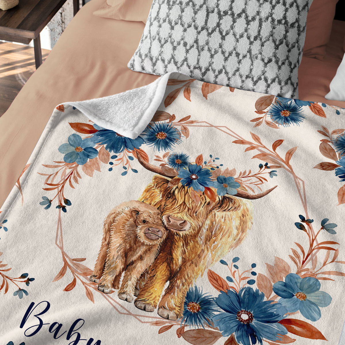 Western Blankets for Baby Girl, Personalized Name Baby Blanket for Girls, Cow with Flowers, Plush Blankets for Newborn Infant Daughter Granddaughter