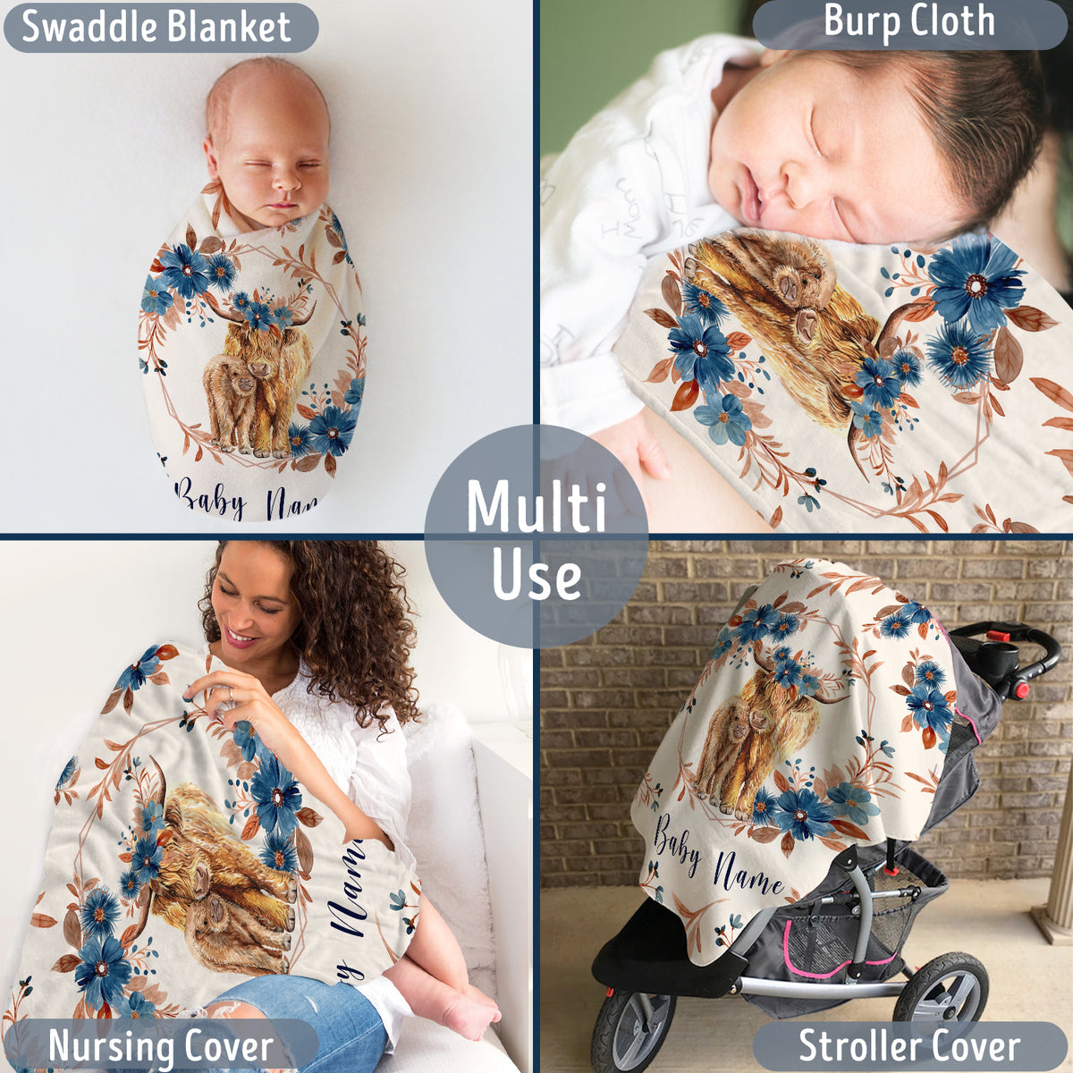 Western Blankets for Baby Girl, Personalized Name Baby Blanket for Girls, Cow with Flowers, Plush Blankets for Newborn Infant Daughter Granddaughter