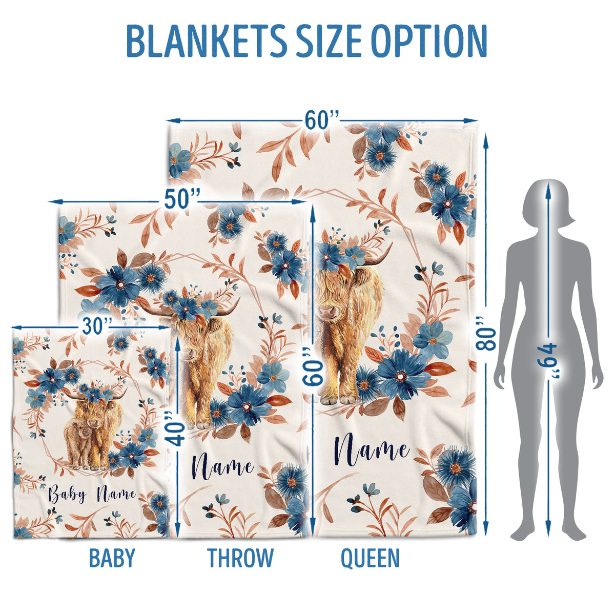 Western Blankets for Baby Girl, Personalized Name Baby Blanket for Girls, Cow with Flowers, Plush Blankets for Newborn Infant Daughter Granddaughter