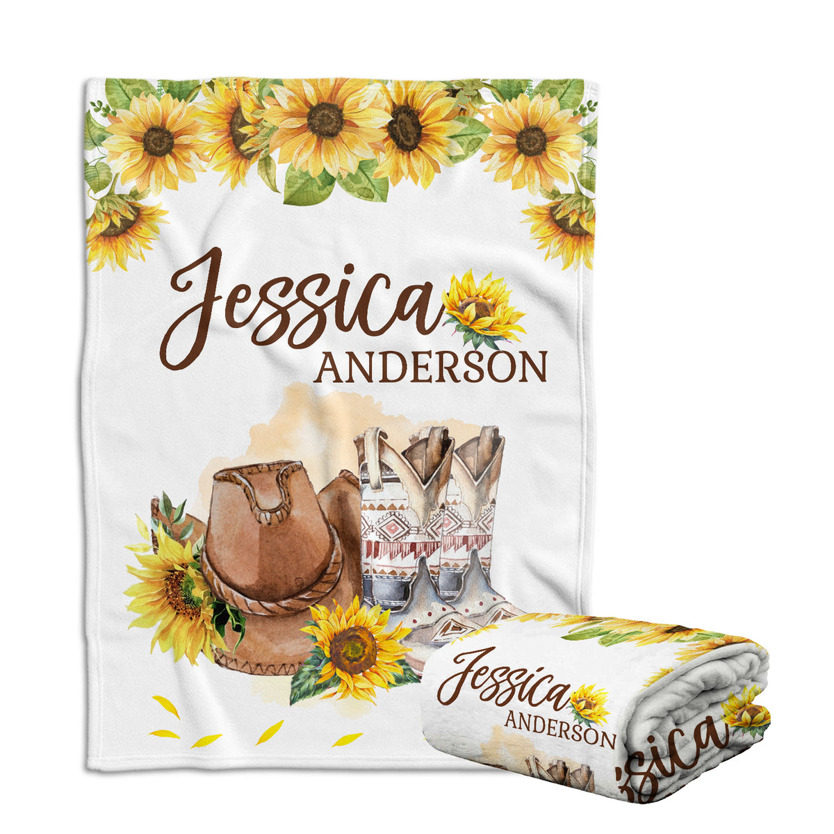 Western Personalized Baby Blanket for Girls - Custom Cowgirl Swaddle With Sunflowers, Floral Plush Blanket for Newborn Infant Daughter or Granddaughter