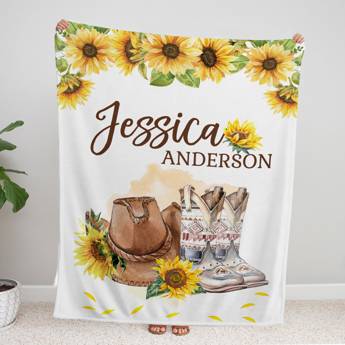 Western Personalized Baby Blanket for Girls - Custom Cowgirl Swaddle With Sunflowers, Floral Plush Blanket for Newborn Infant Daughter or Granddaughter