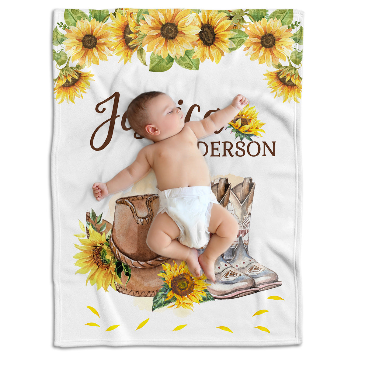 Western Personalized Baby Blanket for Girls - Custom Cowgirl Swaddle With Sunflowers, Floral Plush Blanket for Newborn Infant Daughter or Granddaughter