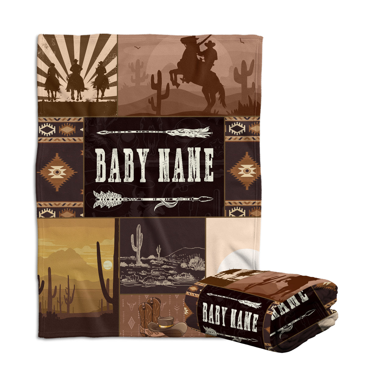 Western Personalized Baby Blankets - Brown Cowboy Fleece Blankets for Boys & Girls, 3 Sizes for Infant Newborn Son & Daughter