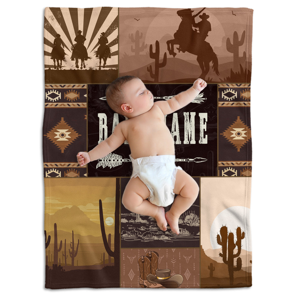 Western Personalized Baby Blankets - Brown Cowboy Fleece Blankets for Boys & Girls, 3 Sizes for Infant Newborn Son & Daughter