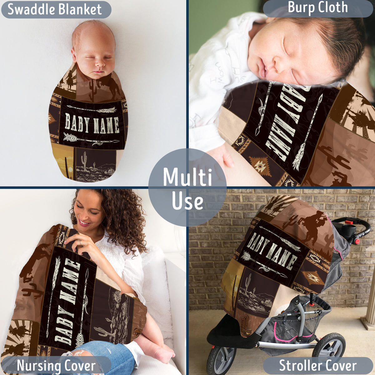 Western Personalized Baby Blankets - Brown Cowboy Fleece Blankets for Boys & Girls, 3 Sizes for Infant Newborn Son & Daughter